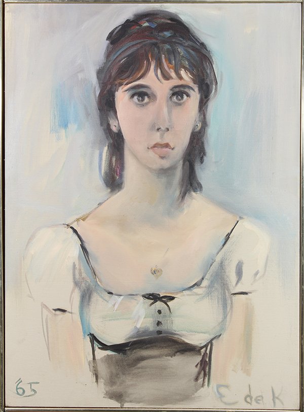 Painting by Elaine de Kooning: Elaine de Kooning (American, 1919-1989), Portrait of a Girl with a Charm Necklace, 1965, oil on canvas, signed lower right, dated lower left, canvas: 32"h x 23.5"w, overall (framed): 32.75"h x 24.25"w