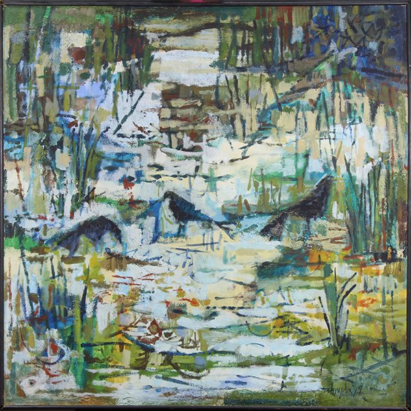 Painting by Joseph Almyda: Joseph Almyda (American, 1927-2011), Black Birds in the Marsh, 1971, oil on masonite, signed and dated lower right, masonite: 36"h x 36"w, overall (framed): 37"h x 37"w