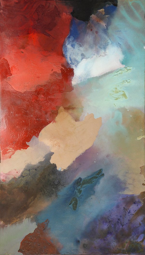 Painting by Stephen Mueller: Stephen Mueller (American, 1947-2011), "Owl Killing Club #2," 1970, oil and mixed media on canvas, signed, titled, and dated verso, Richard Feigen Gallery (New York, NY) label affixed verso, canvas (u