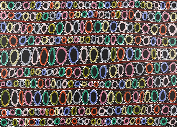 Painting, Sally Clark, Water Dreaming..: Sally Clark (Aborigine, 20th century), "Water Dreaming," 2008, acrylic on canvas, signed, dated and titled verso, canvas: 31"h x 44.25"w
