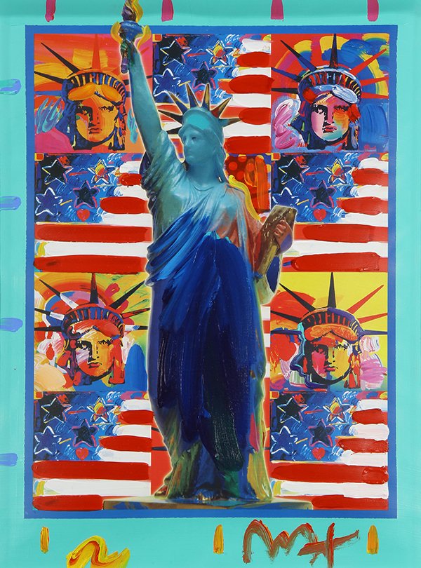 Mixed media by Peter Max: Peter Max (American/German, b. 1937), "God Bless America II," mixed media with acrylic paint on print, signed lower right, sight: 23.5"h x 17.5"w, overall (framed): 39.5"h x 33.5"w