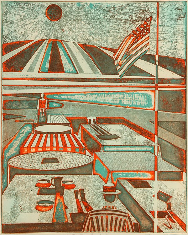Print by Roland Petersen: Roland Petersen (American/Danish, b. 1926), "God Bless America," color etching and aquatint, pencil signed lower right, titled lower center margin, artist's proof, image: 19.5"h x 15.75"w, sheet: 26"h