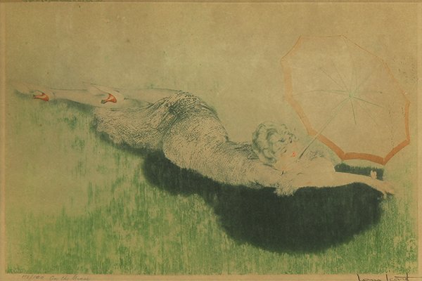 Print by Louis Icart: Louis Icart (French, 1888-1950), "On the Grass," hand-colored etching and aquatint with drypoint, pencil signed lower right, titled lower left, edition 48/100, image: 10.5"h x 15.75"w, overall (framed
