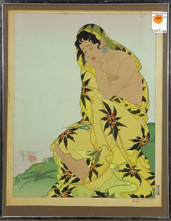 Print by Paul Jacoulet: Paul Jacoulet (French/Japanese, 1896-1960), "La Perruche Morte Celebes," woodblock print, pencil signed lower left with leaf seal, with printer and publisher cartouches lower right, image: 15.5"h x 12