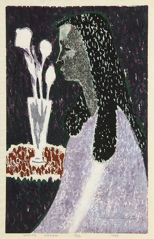 Print by Kiyoshi Saito: Kiyoshi Saito (Japanese, 1907-1997), "White Dream," 1949, color woodblock print, pencil signed lower right, dated lower right margin, titled lower left margin, edition 26/30, image: 26"h x 16.25"w, ov