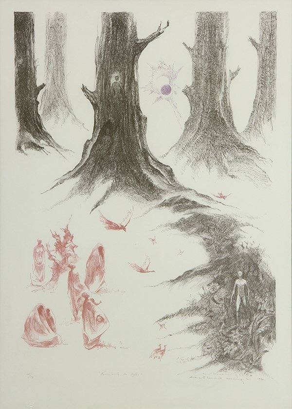 Print by Guillermo Meza: Guillermo Meza (Mexican, 1917-1997), "Nacimiento de Orfeo," 1974, lithograph in colors, pencil signed lower right and dated, titled lower center, edition 64/98, image: 23"h x 16.75"w, overall (framed)