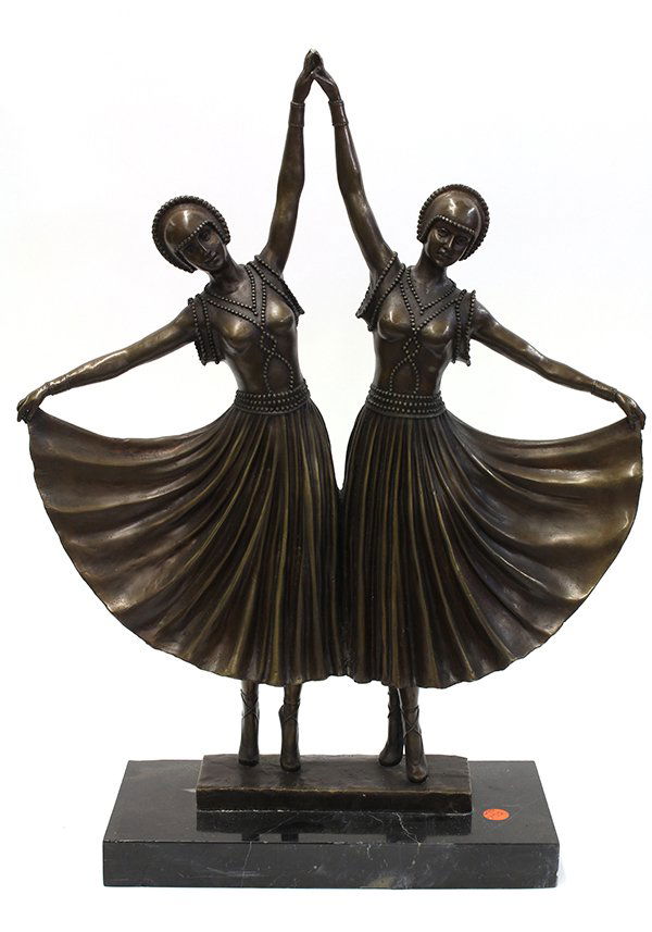 Bronze, After Demetre Chiparus: After Demetre Chiparus (Romanian, 1886-1947), Two Dancers, bronze sculpture, bears signature lower back base, overall (with marble base): 23.5"h x 18"w x 6.25"d