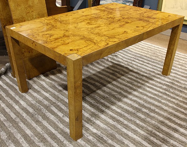 Moderne burlwood parsons style table: Moderne burlwood parsons style table, having a rectangular top and rising on square legs, 30"h x 40"d x 64"w
