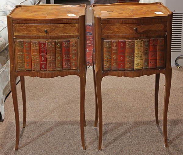 Pair of Louis XV style marquetry tables de nuit: Pair of Louis XV style marquetry tables de nuit, each having a shaped gallery top, above a single drawer, continuing to inset leather bound books, and rising on cabriole legs, 28"h x 14"w x 11.5"d. Pr