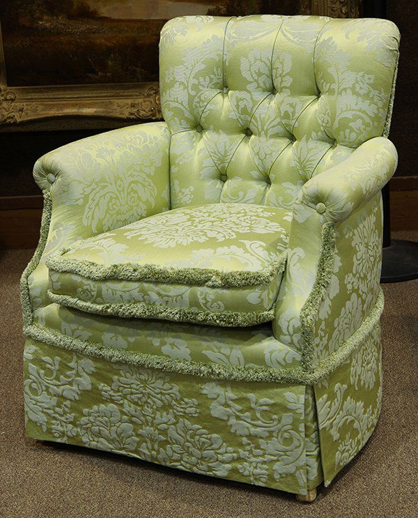 Moderne upholstered armchair: Moderne upholstered armchair, having a tufted back covered in ivory and pale-green silk damask, 32"h x 28.5"w x 22"d. Provenance: From the Nantucket, MA estate of Richard Mellon Scaife