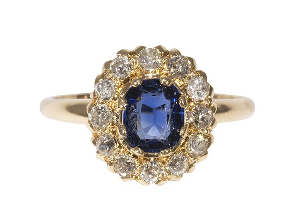 Victorian sapphire, diamond and 14k yellow gold ring: Victorian sapphire, diamond and 14k yellow gold ring centering one oval cut sapphire weighing approximately 0.86 ct., accented by (12) old mine cut diamonds (four chipped) weighing in total approximat