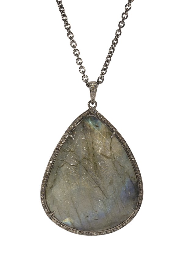 Large labradorite, diamond and sterling silver: Large labradorite, diamond and sterling silver pendant-necklace featuring a large pear shaped rose cut labradorite measuring approximately 2 1/4" x 1 3/4", weighing approximately 428 cts., accented b