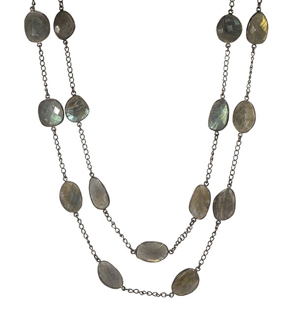 (Lot of 2) Labradorite sterling silver necklaces: (Lot of 2) Labradorite sterling silver necklaces comprised of a pair of matching sterling silver necklaces bezel set with double sided labradorite plaques totaling approximately 428.00 cts., length 3