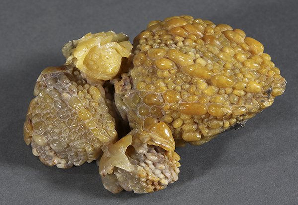 Chinese Soapstone Melon Carving: Chinese soapstone carving, the caramel and gray colored matrix sculpted as three melons (jinlingzi), 5.25"w