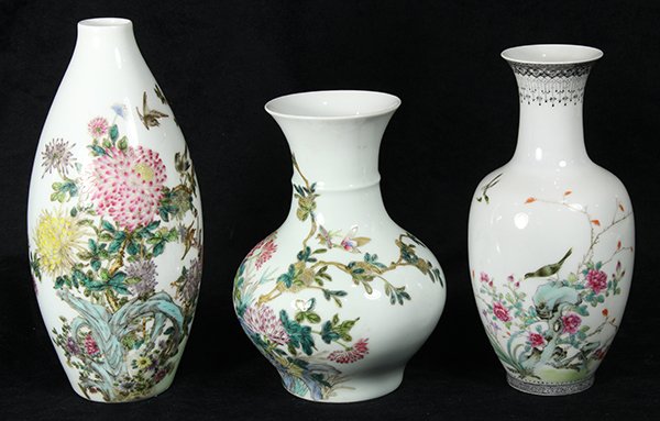 Three Chinese Porcelain Vases: (lot of 3) Chinese enameled porcelain vases, olive form vase with chrysanthemums and birds, bottom with Huairentang mark; trumpet neck vase with chrysanthemums and butterflies, bottom with Jurentang m