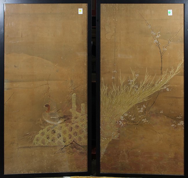 Japanese Mounted Panels, Edo period: Pair of Japanese mounted panels, Edo period, ink and color on paper, one depicting a pair of mallards and bamboo, the other plum blossoms, each panel: 55.5"h x 28"w”