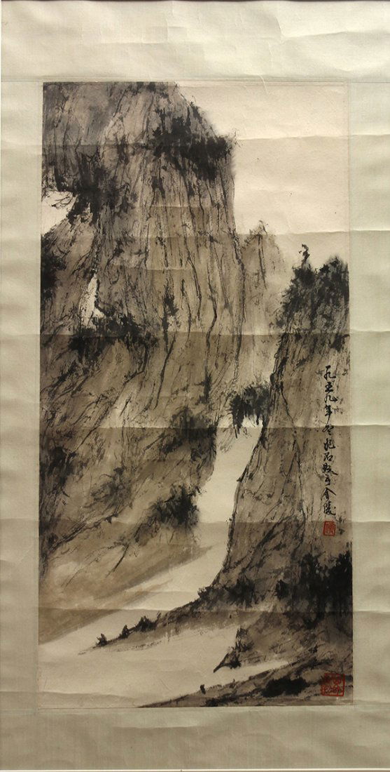 Chinese Painting, manner Fu Baoshi, Gorge: Manner of Fu Baoshi (Chinese, 1904-1965), Mountain Gorge, ink and color on paper, the lower right dated 1959, bearing signature 'Baoshi' and two seals, painting: 25.125"h x 12"w, overall (framed): 37.