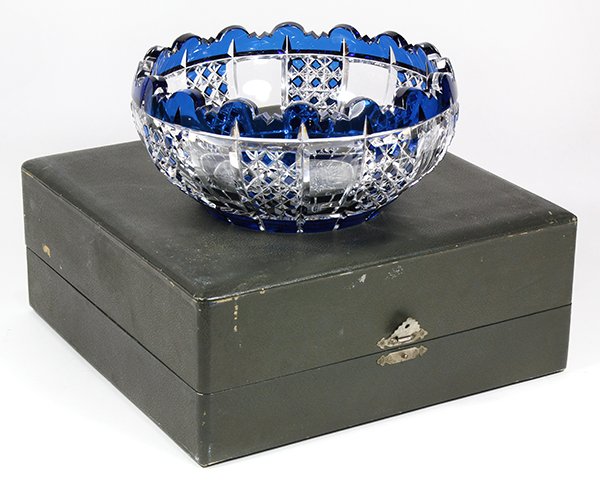 Val Saint Lambert blue cut to clear crystal center bowl: Val Saint Lambert blue cut to clear crystal center bowl, circa 1930, of circular form having a scalloped and saw tooth rim with blue accent and retaining original box and papers, 3.75"h x 7.5"dia