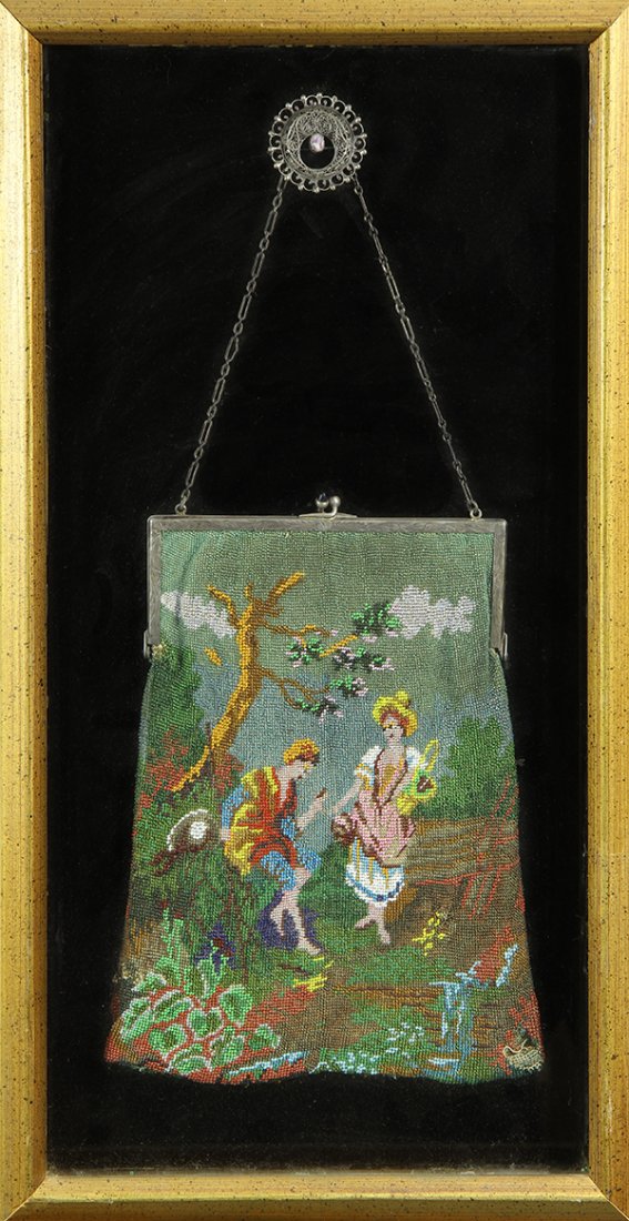 Victorian polychrome beaded purse: Victorian polychrome beaded purse, featuring a genre scene of a courting couple, surmounted by a silvered filigree brooch, and mounted in a shadow box, 21.25"h x 11.5"w