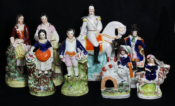 Staffordshire figural group, 19th century: (lot of 8) Staffordshire figural group, 19th century, consisting of a titled military figure 'Marshal Arnaud' depicting a French soldier seated on a white horse, 10"h x 8'w x 3"d; a pearlware figure o