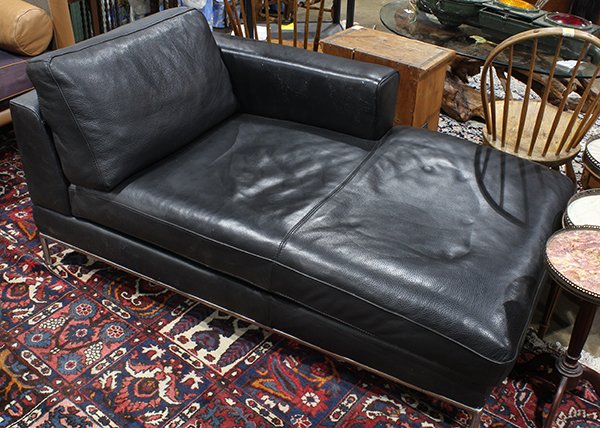 Italian designer black leather chaise lounge: Italian designer black leather chaise lounge, with detachable side cushion and chrome frame, 63" x 34" x 31"