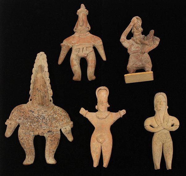 Pre-Columbian solid ceramic figurines from, Colina: (lot of 5) Pre-Columbian solid ceramic figurines from Colina Flats,West Coast Mexico shaft tombs, 200 BC-AD 250, three examples possibly depicting dancers, two of the 'conehead' variant, and a skirted