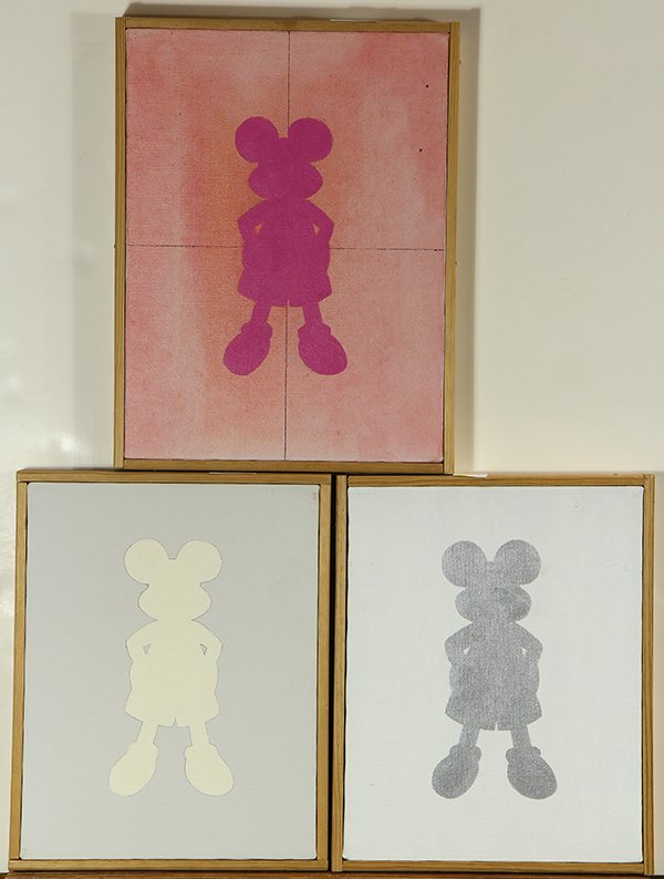Paintings by Jose Ramon Lerma: (lot of 3) Jose Ramon Lerma (American, b. 1930), "Mickey, Happy Birthday Mickey Mouse," 1961, oils on canvas, each signed verso, one titled verso, overalls (each with frame): 17"h x 13"w