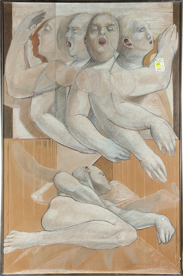 Works by Vincent Perez: (lot of 2) Vincent Perez (American, b. 1938), "La Guillotine" & "Dream Crib," mixed media on paper, each signed and titled lower right, overalls (each framed): 36.5"h x 24.5"w