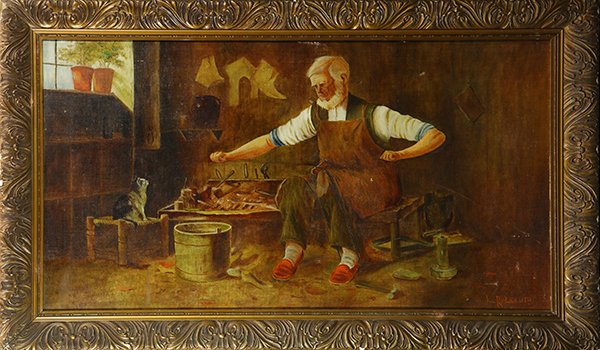 Painting, A Cobbler and His Cat, 1911: Continental School (20th century), A Cobbler and His Cat, 1911, oil on canvas, signed and dated "L. R. Lee, 1911" lower right, overall (with frame): 26.5"h x 41.5"w
