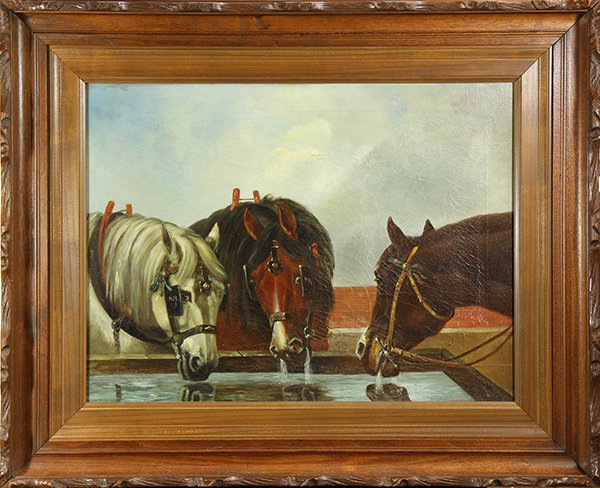 Painting, Continental School (19th c.), Horses at Water: Continental School (19th century), Horses at Water Trough, oil on canvas, unsigned, overall (with frame): 26.5"h x 32.5"w