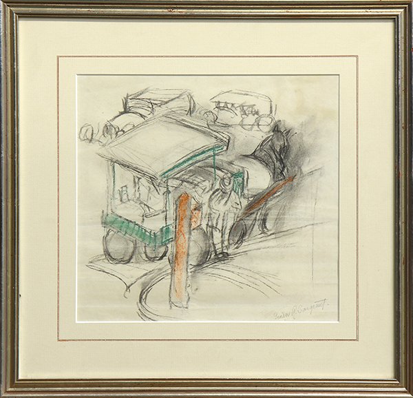 Drawing, Geneve Rixford Sargeant: Geneve Rixford Sargeant (American, 1868-1957), "Horse and Carriage," charcoal and pastel on paper, signed lower right, title label (Maxwell Galleries) affixed verso, overall (with frame): 17"h x 17.5"