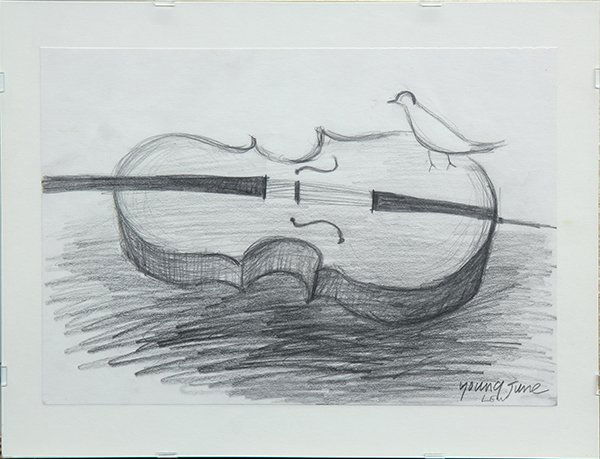 Drawing, Young June Lew: Young June Lew (Korean, Contemporary), Small Bird with Cello, graphite on paper, signed lower right, sheet: 8.75"h x 12"w, overall (with frame): 11"h x 14"w. Note: Artist is represented by Andrew Bae