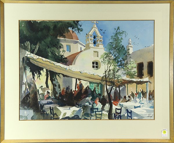 Watercolor, John Pike: John Pike (American, 1911-1979), Greek Cafe, watercolor, signed lower right, overall (with frame): 31.25"h x 38"w