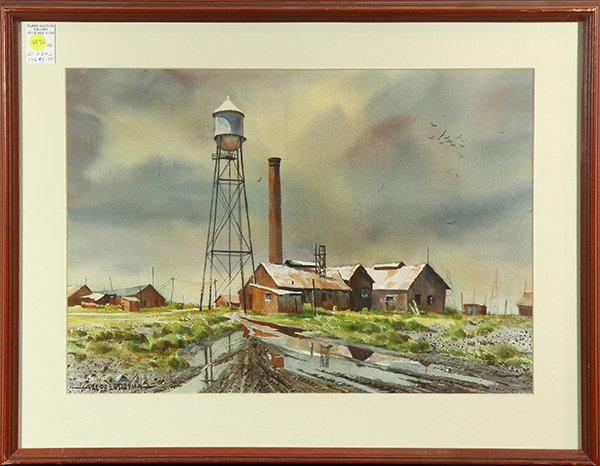 Watercolors by Ralph Ledesma: (lot of 2) Ralph Ledesma (American, 1910-1993), Storm Approaching a Farm & Buildings and Water Tower, watercolors, signed lower right, overalls (each framed): 21" x 27"