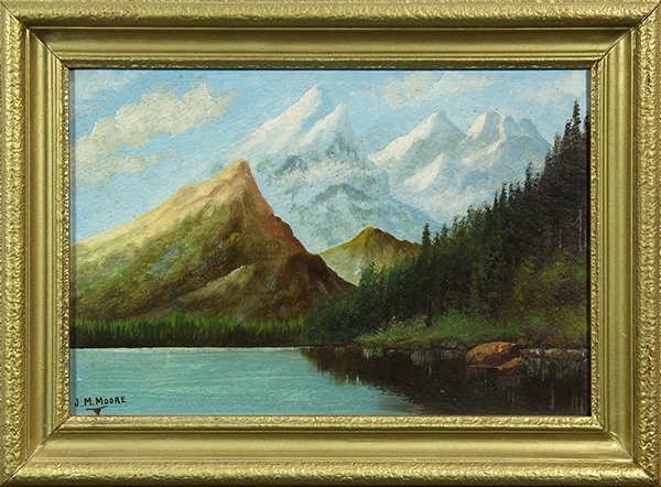Painting, John Marcellus Moore: John Marcellus Moore (American, 1865-1948) Scene with Snow Capped Mountain Vista, oil on board, signed (with Texas steer head logo) lower left, overall (with frame): 10.5"h x 14.5"w