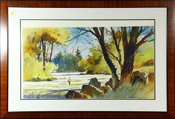 Watercolor, Tony Couch: Tony Couch (American, 20th century), Trout Fishing, watercolor, signed lower right, overall (with frame): 30"h x 42.5"w