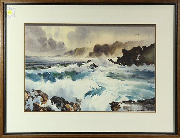 Watercolors by Robert Landry: (lot of 2) Robert Landry (American, 1921-1991), Misty Ocean Cove & Ocean and Rocks, watercolors, each signed, largest overall (both framed): 22.75"h x 29.75"w