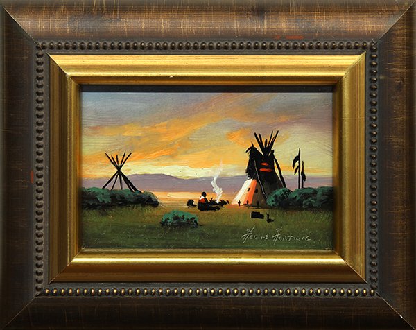 Paintings by Heinie Hartwig: (lot of 2) Heinie Hartwig (American, b. 1937), Indian Encampment at Sunset & Indian Encampment with Rising Moon, oils on panel, each signed, sights: 3.5"h x 5.5"w, overalls (with frames): 7.75"h x 9.5