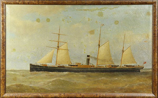 Painting, British School (19th c.), Portrait of a Ship: British School (19th century), Portrait of a Ship, oil on canvas, unsigned, overall (with frame): 22.5"h x 34.75"w