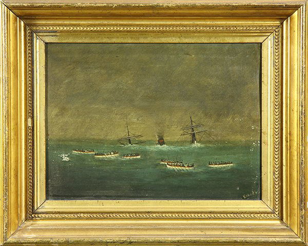 Painting, Abandoning the Ship: Maritime Folk Art School (19th century), Abandoning the Ship, oil on board, signed "Kinney" lower right, overall (with frame): 16.5"h x 20.5"w
