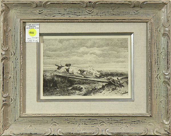 Print, After Peter Moran, Hunting Dogs Chasing Rabbit: After Peter Moran (American, 1841-1914), Hunting Dogs Chasing Rabbit, engraving, engraving by H. Ronner, overall (framed): 13"h x 16"w
