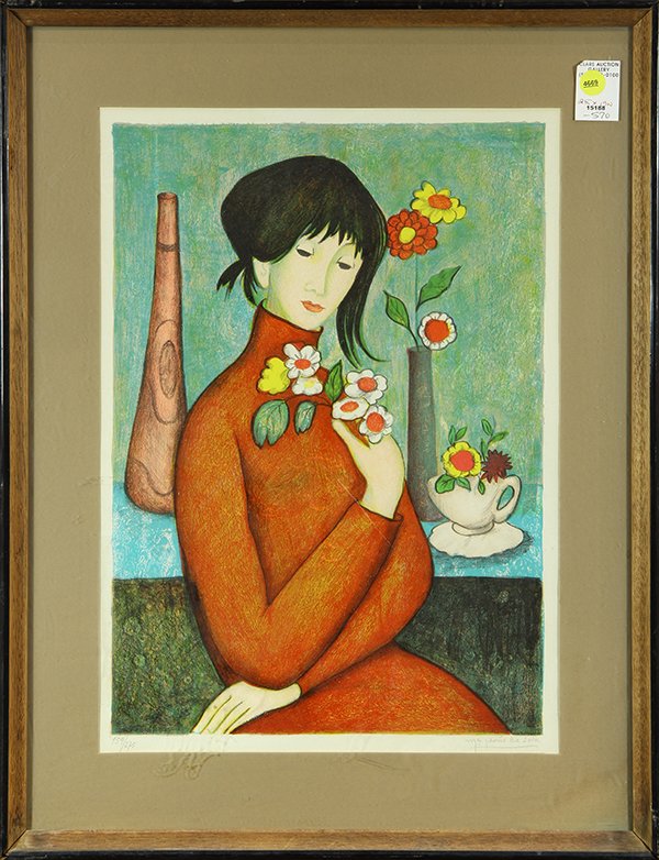 Print by María Jesús de Solà: María Jesús de Solà (Spanish, b. 1922), Seated Woman with Flowers, lithograph in colors, pencil signed lower right, edition 159/275, overall (framed): 25"h x 19"w
