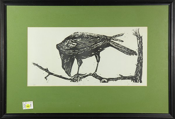 Print, Witch Bird: American School (20th century), "Witch Bird," woodblock print, pencil signed indistinctly lower right (Sussman?), titled lower center, edition 1/50, overall (framed): 20.5"h x 29.5"w