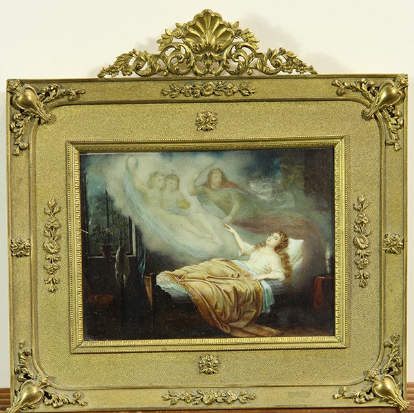 19th Century Miniature Painting: Continental School (19th century), The Great Dream of the Crown, miniature painting, signed indistinctly lower left, overall (framed): 7.5"h x 7.5"w