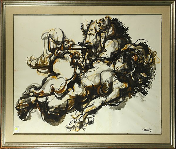 Works by Sheldon C. Schoneberg: (lot of 2) Sheldon C. Schoneberg (American, 1926-2012), Untitled (Symphonies in Black), charcoal and pastel, each signed, largest overall (both framed): 40.5"h x 51.5"w