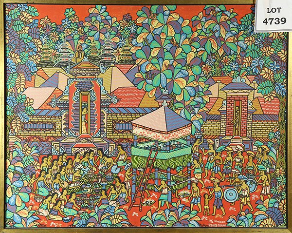 Paintings, Balinese School: (lot of 2) Balinese School (20th century), Village Scenes with Figures, temperas on board, each signed "Penestanan", largest overall (both framed): 29.75"h x 59.5"w