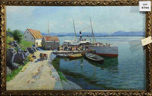 Painting, Dock Scene with Figures Boarding a Ship, 1891: American School (19th century), Untitled (Dock Scene with Figures Boarding a Ship), 1891, oil on canvas, unsigned, overall (with frame): 40"h x 62"w. Provenance: Deaccessioned from Nevada Museum of Ar