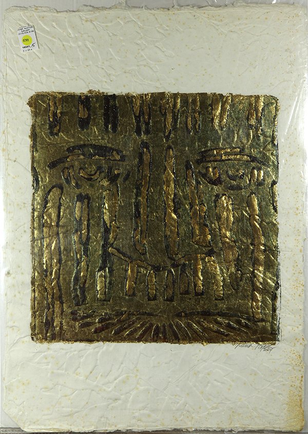 Frank Hyder, Face, mixed media: Frank Hyder (American, 20th century), Face, mixed media on embossed hand-made paper, signed and dated lower right, sheet (unframed): 31"h x 22"w