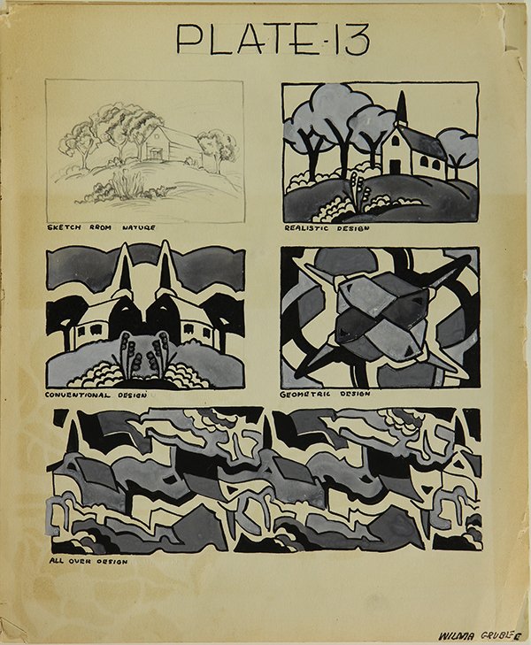 Various storyboard illustrations: (lot of 5) Various storyboard illustrations, gouaches, featuring Houses in Landscape and Giraffes, signed "Wilma Grub", 20th century, largest overall (all unframed): 18"h x 15"w