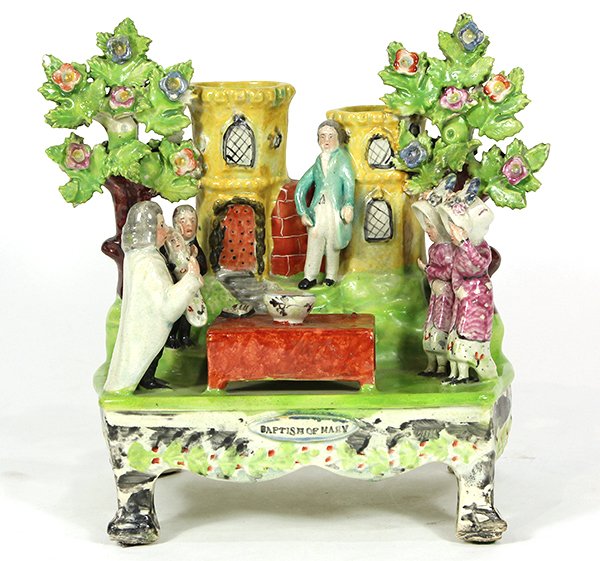 Staffordshire 'Baptism of Mary' porcelain table base: Staffordshire 'Baptism of Mary' porcelain table base, attributed to Obadiah Sherratt pottery, early 18th century, the well modelled figural group decorated with enamel colors on a pearlware glaze, acc
